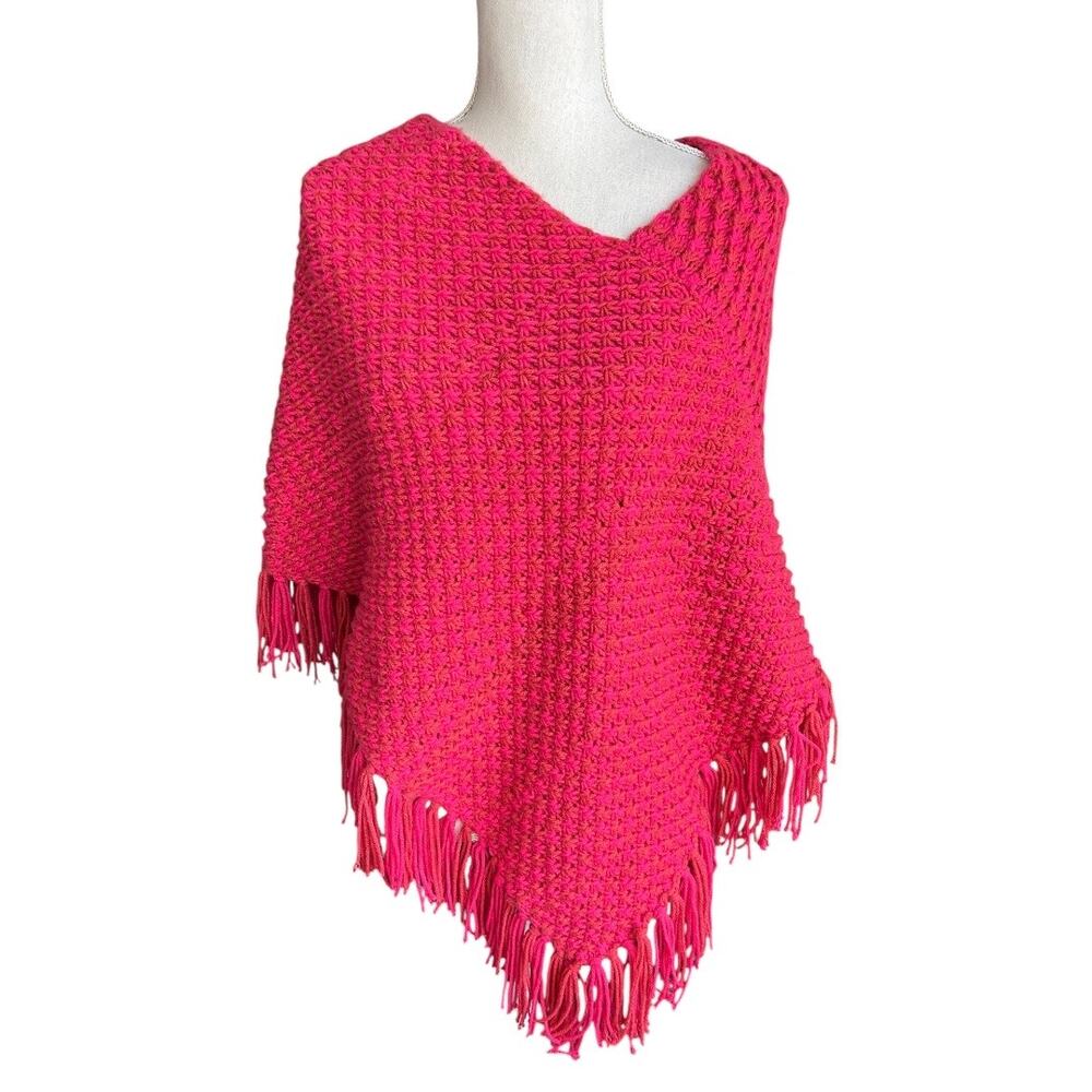 Pink handmade crochet knit poncho cape fringe tassels boho retro cottagecore